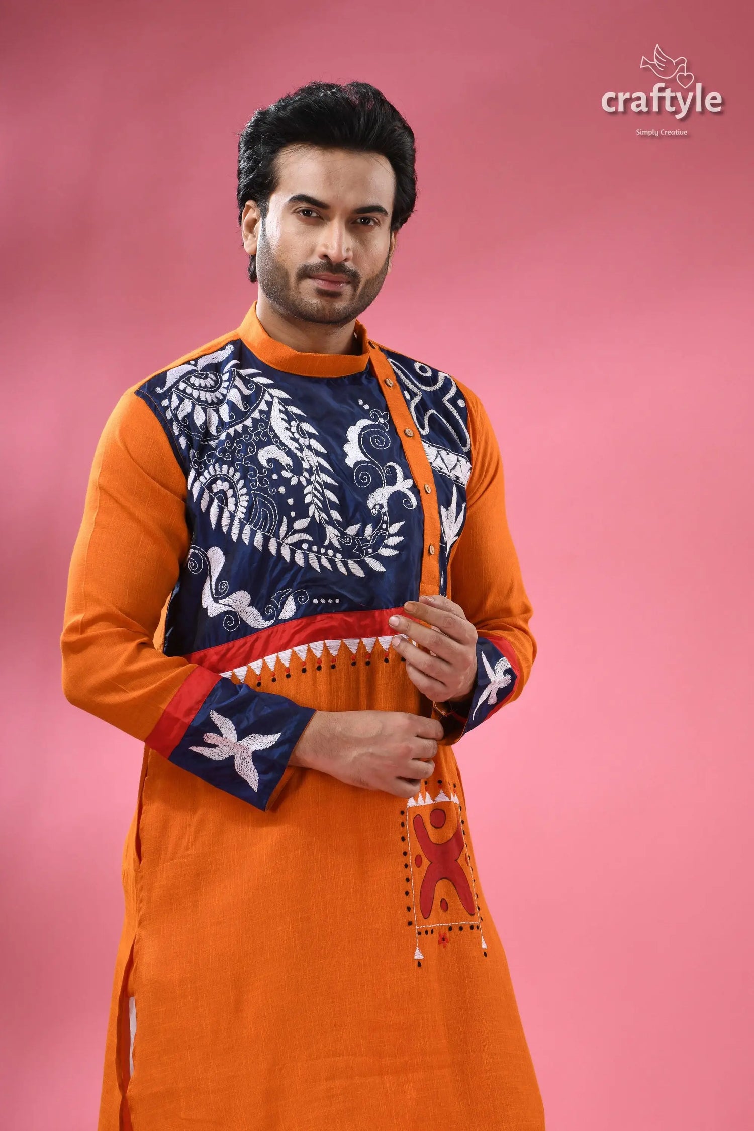 Kantha embroidery hand painted cotton punjabi for men men’s orange navy blue patterned 2
