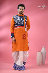 Kantha embroidery hand painted cotton punjabi for men men’s orange kurta blue white 6