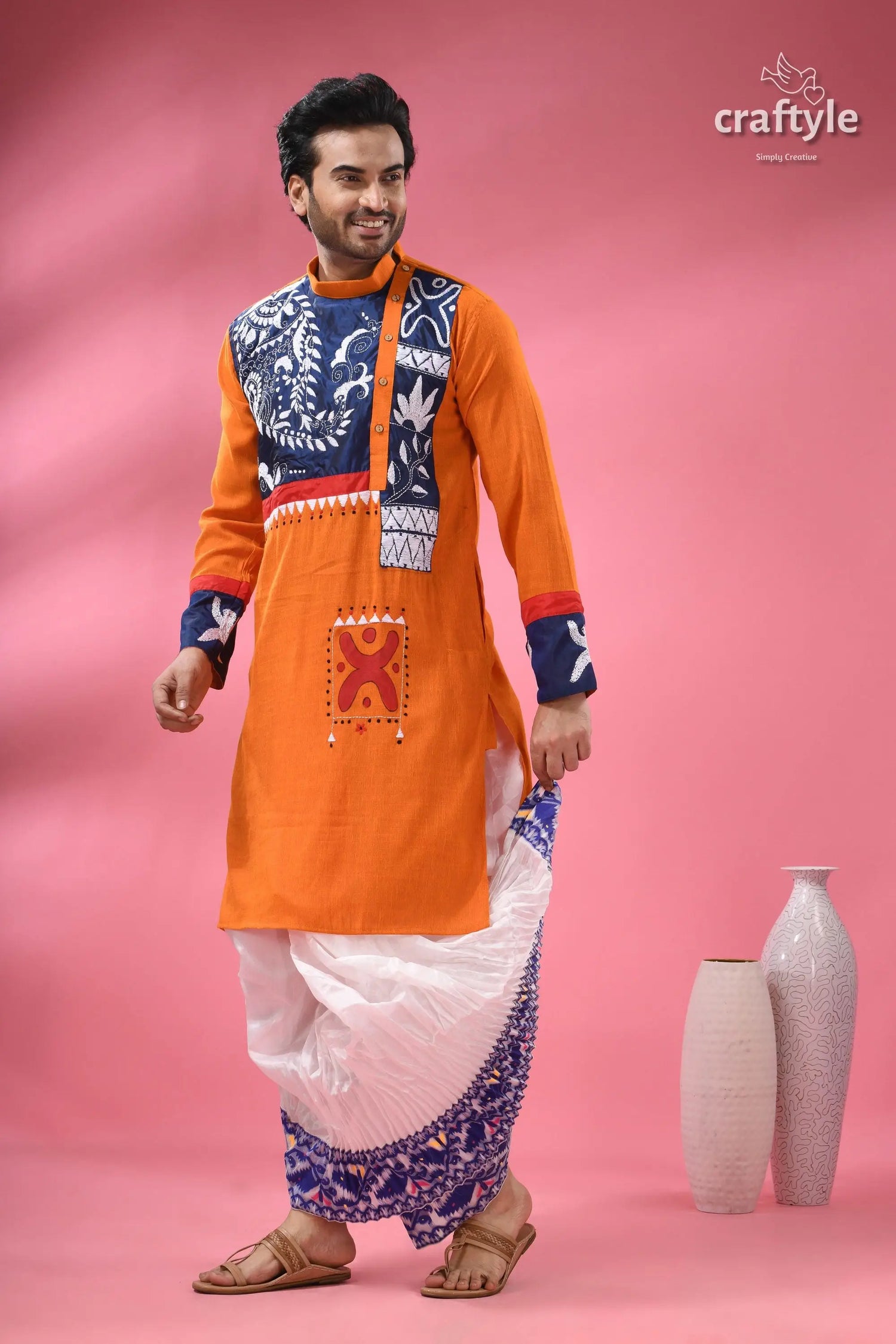 Kantha embroidery hand painted cotton punjabi for men men’s orange kurta blue white 1