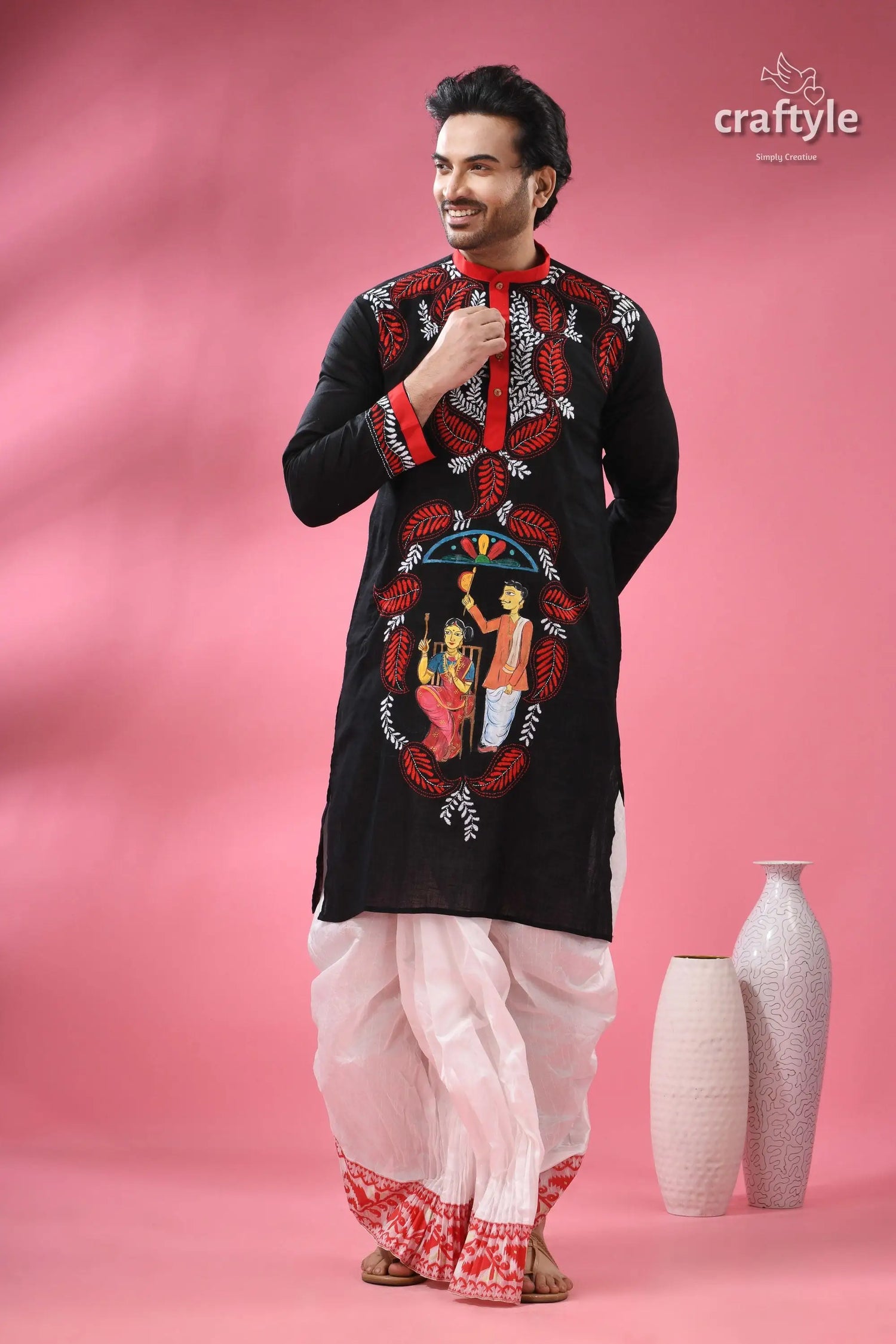 Kantha stitched cotton punjabi for men with kalighat hand painting men’s black kurta red white 3