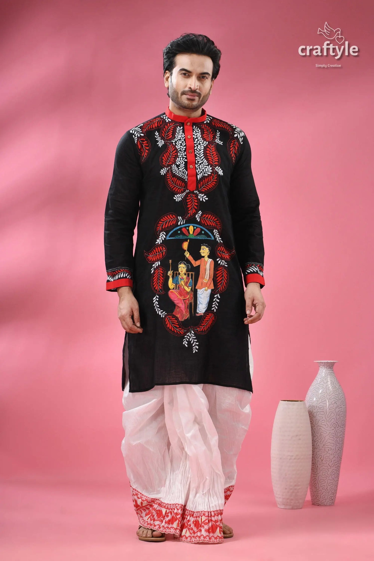 Kantha stitched cotton punjabi for men with kalighat hand painting men’s black embroidered kurta white 6