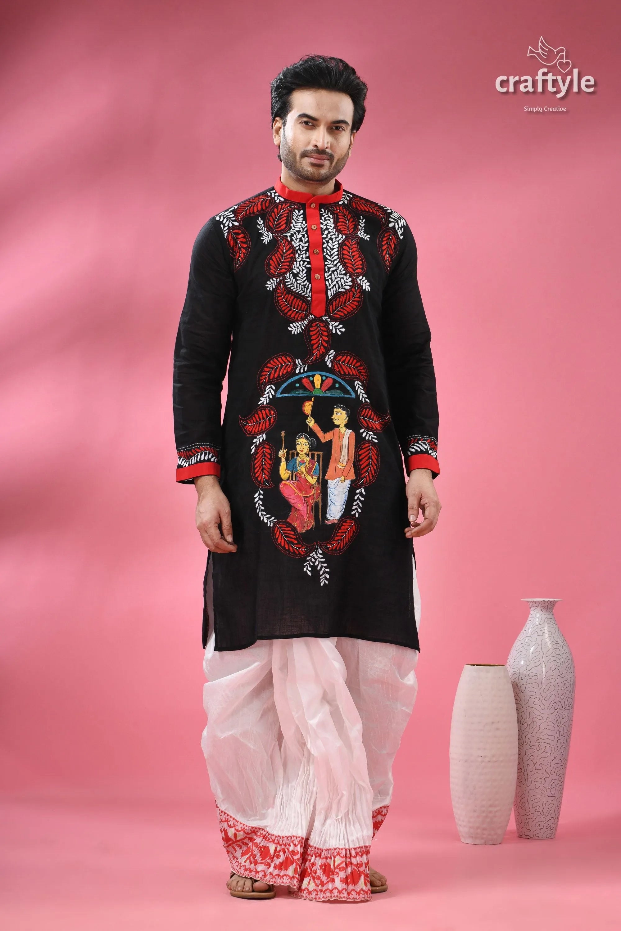 Kantha stitched cotton punjabi for men with kalighat hand painting men’s black embroidered kurta white 6