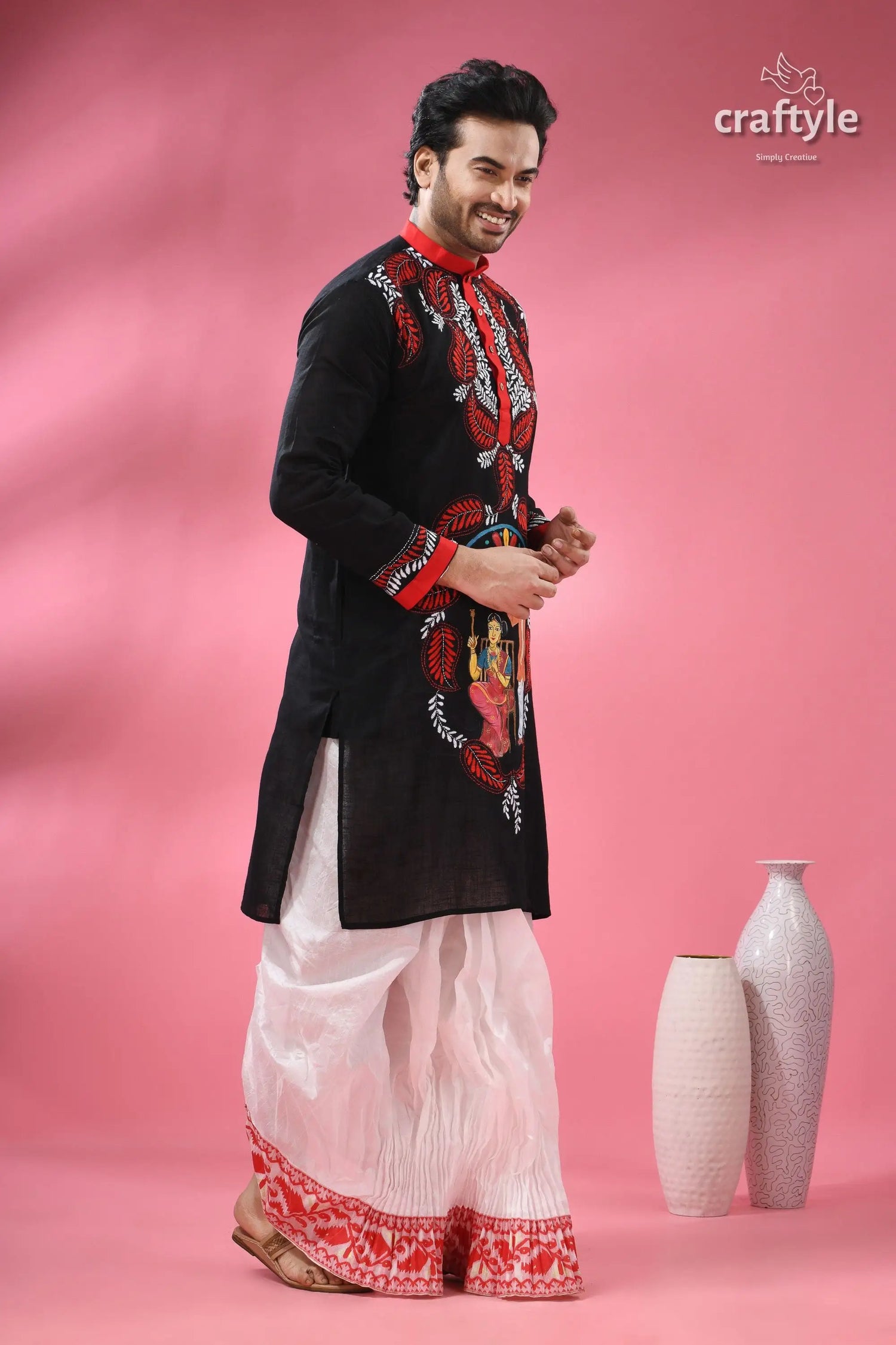 Kantha stitched cotton punjabi for men with kalighat hand painting men’s black kurta red white 5
