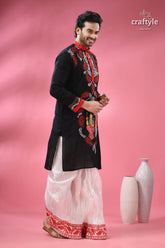 Kantha stitched cotton punjabi for men with kalighat hand painting men’s black kurta red white 5