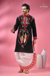 Kantha stitched cotton punjabi for men with kalighat hand painting men’s black kurta red white 1