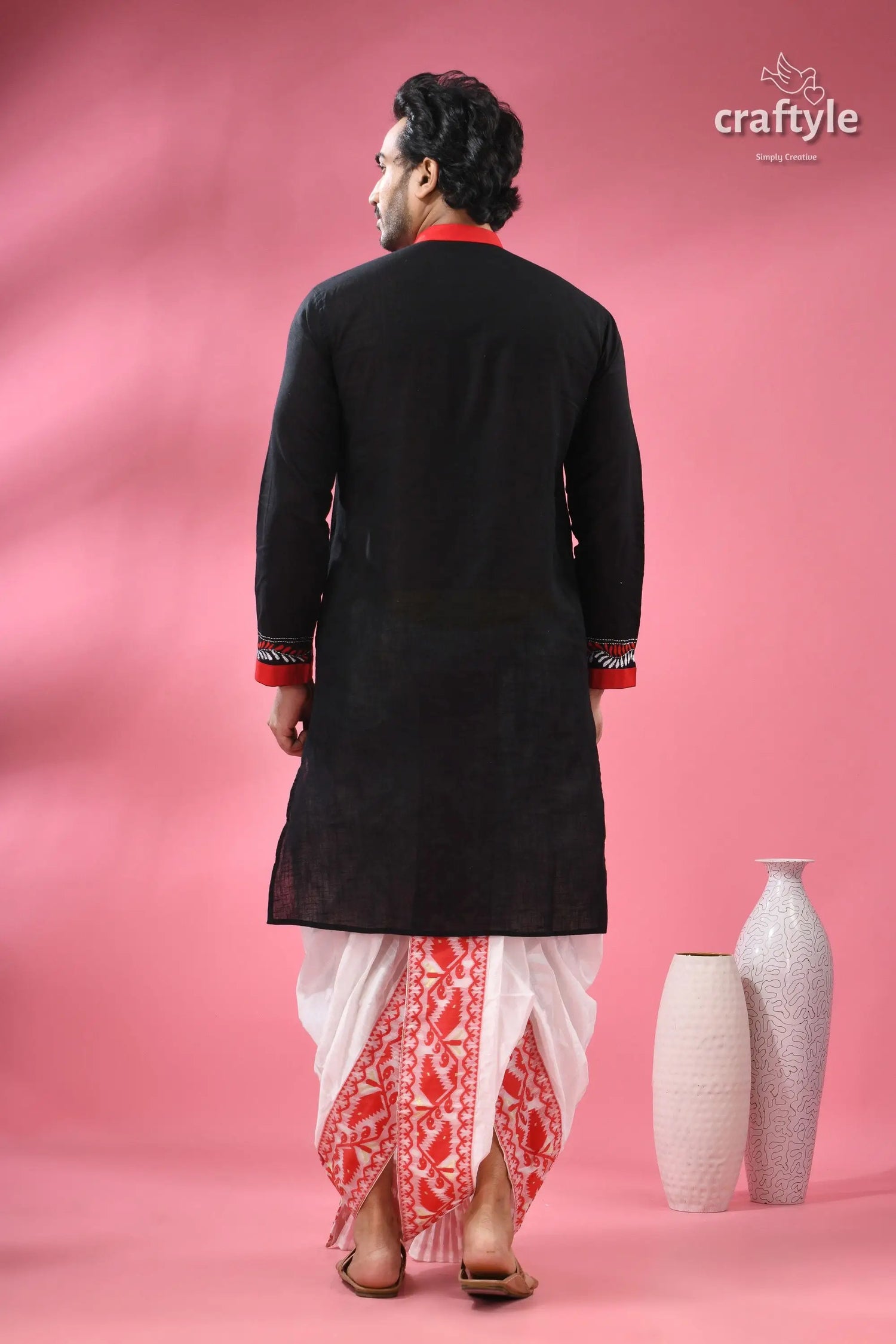 Kantha stitched cotton punjabi for men with kalighat hand painting men’s black kurta red collar 7