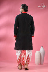Kantha stitched cotton punjabi for men with kalighat hand painting men’s black kurta red collar 7
