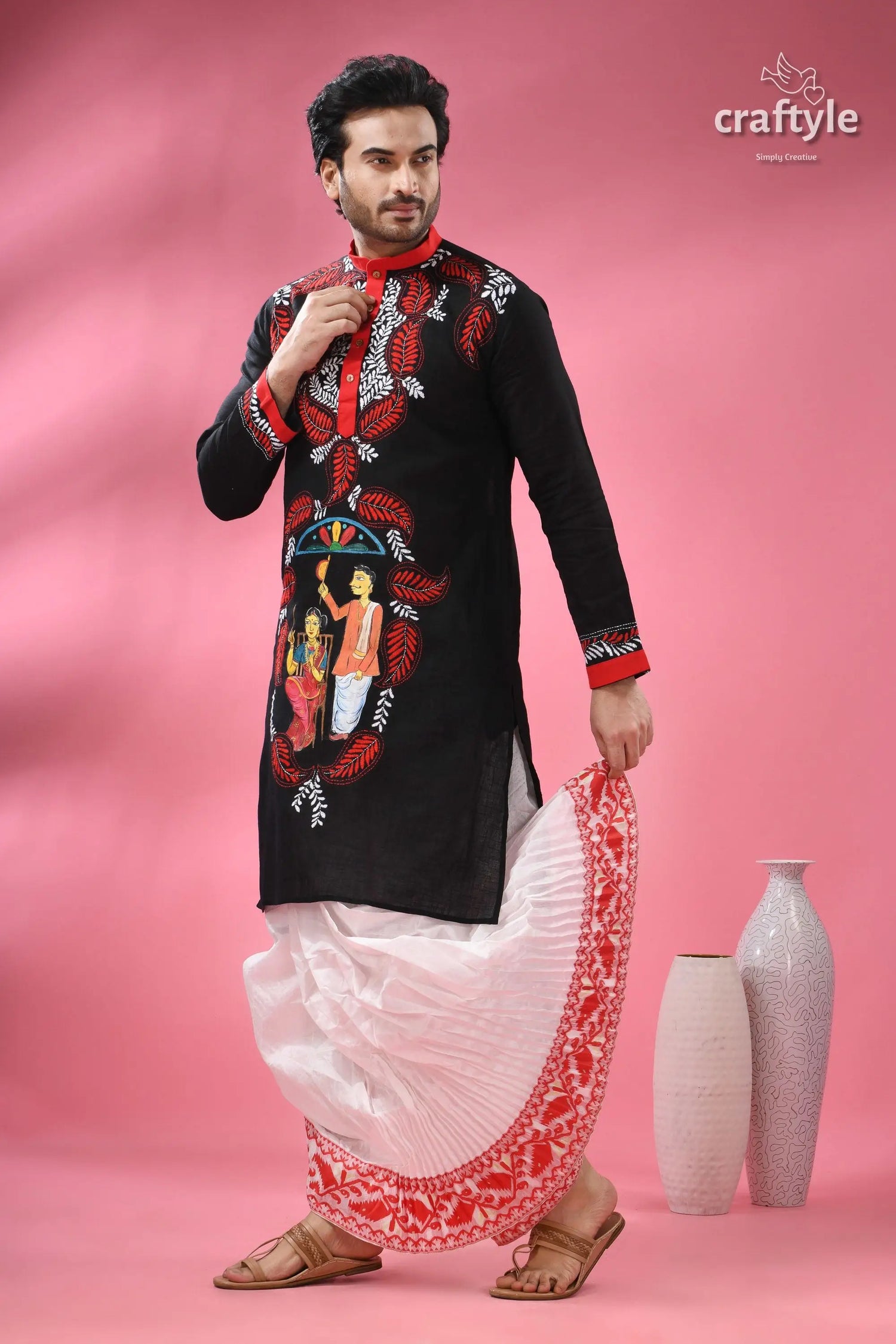 Kantha stitched cotton punjabi for men with kalighat hand painting men’s black embroidered kurta white 4