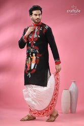 Kantha stitched cotton punjabi for men with kalighat hand painting men’s black embroidered kurta white 4