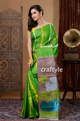 Kelly green shibori work pure tussar kalamkari sari green yellow tie-dye saree 5