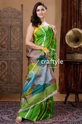 Kelly green shibori work pure tussar kalamkari sari woman green brown saree 3