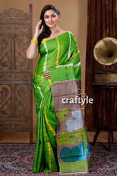 Kelly green shibori work pure tussar kalamkari sari green tie-dye saree lotus print 1