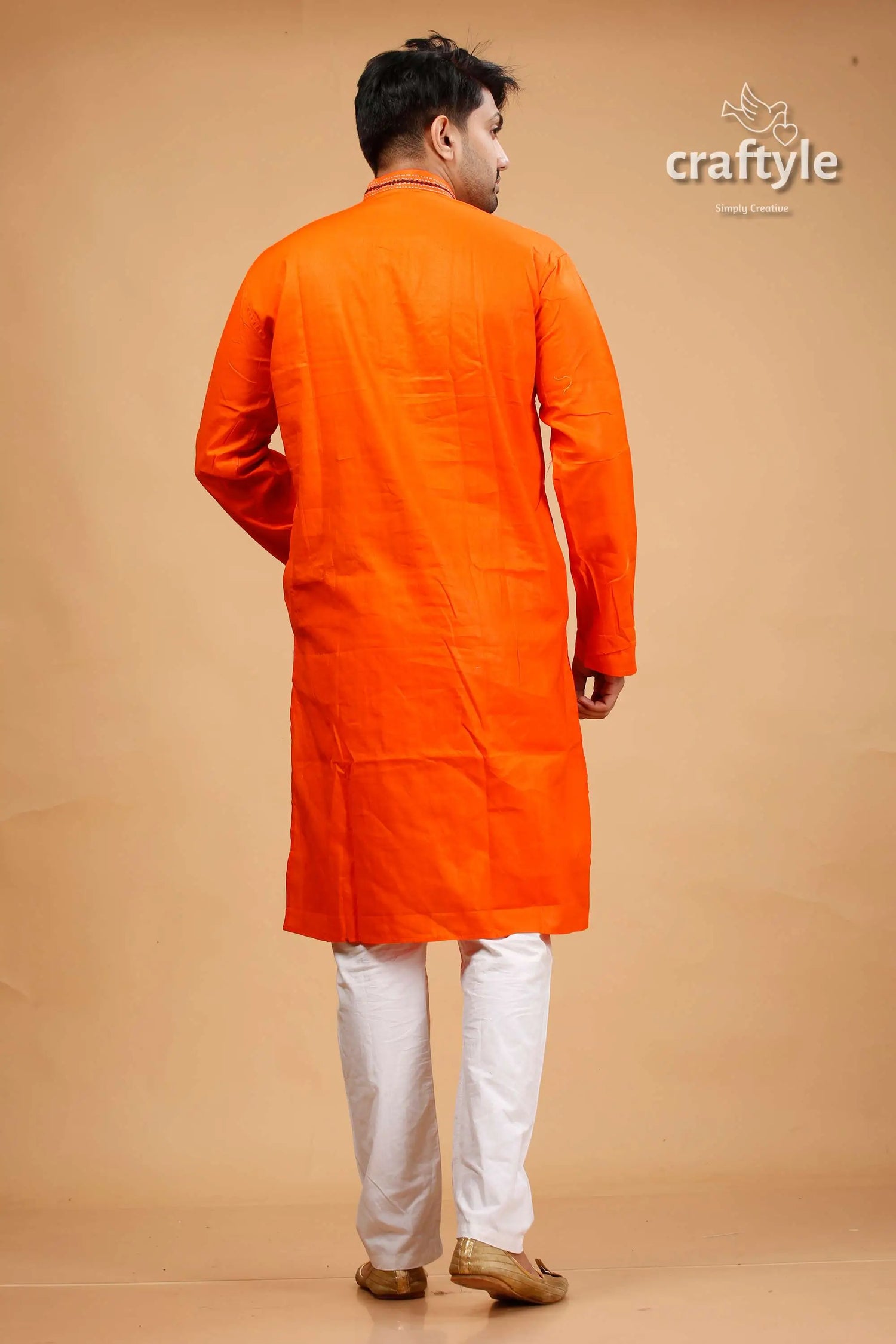 Kutch design vivid orange kantha stitch cotton panjabi for men orange kurta pajama set 5