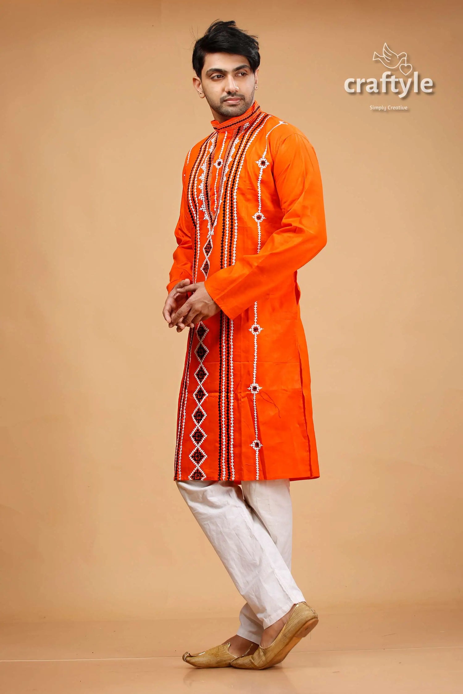 Kutch design vivid orange kantha stitch cotton panjabi for men orange embroidered kurta white pants 3
