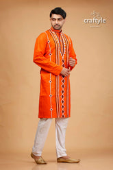 Kutch design vivid orange kantha stitch cotton panjabi for men orange embroidered kurta 4