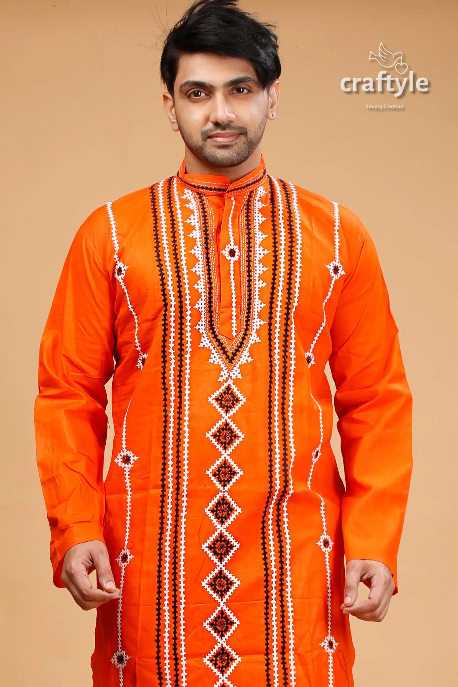 Kutch design vivid orange kantha stitch cotton panjabi for men orange embroidered kurta 2