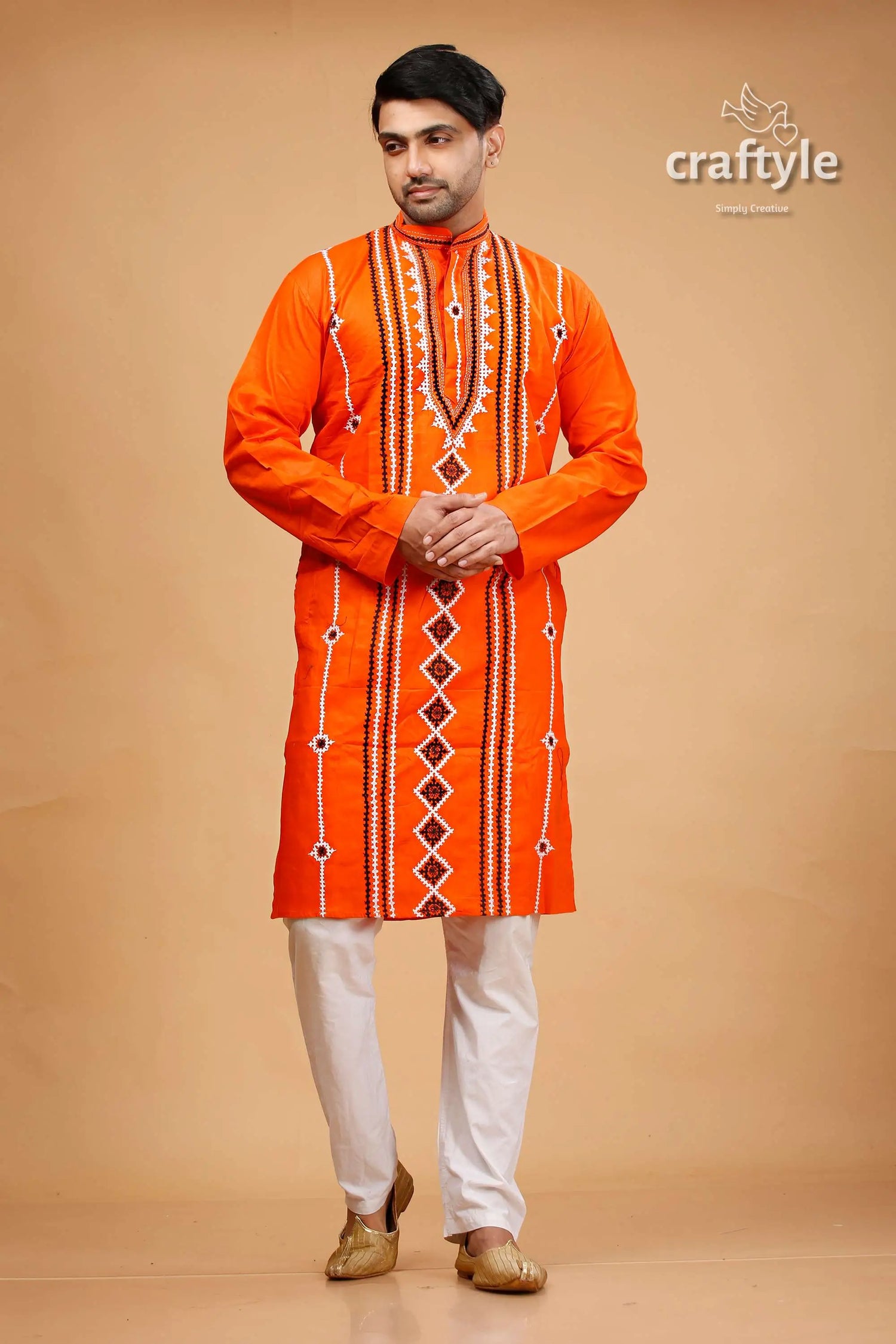 Kutch design vivid orange kantha stitch cotton panjabi for men orange embroidered kurta 1