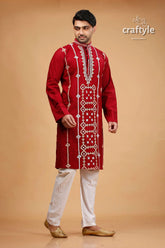 Kutch work burgundy red designer cotton panjabi for men maroon embroidered kurta pajama set 4