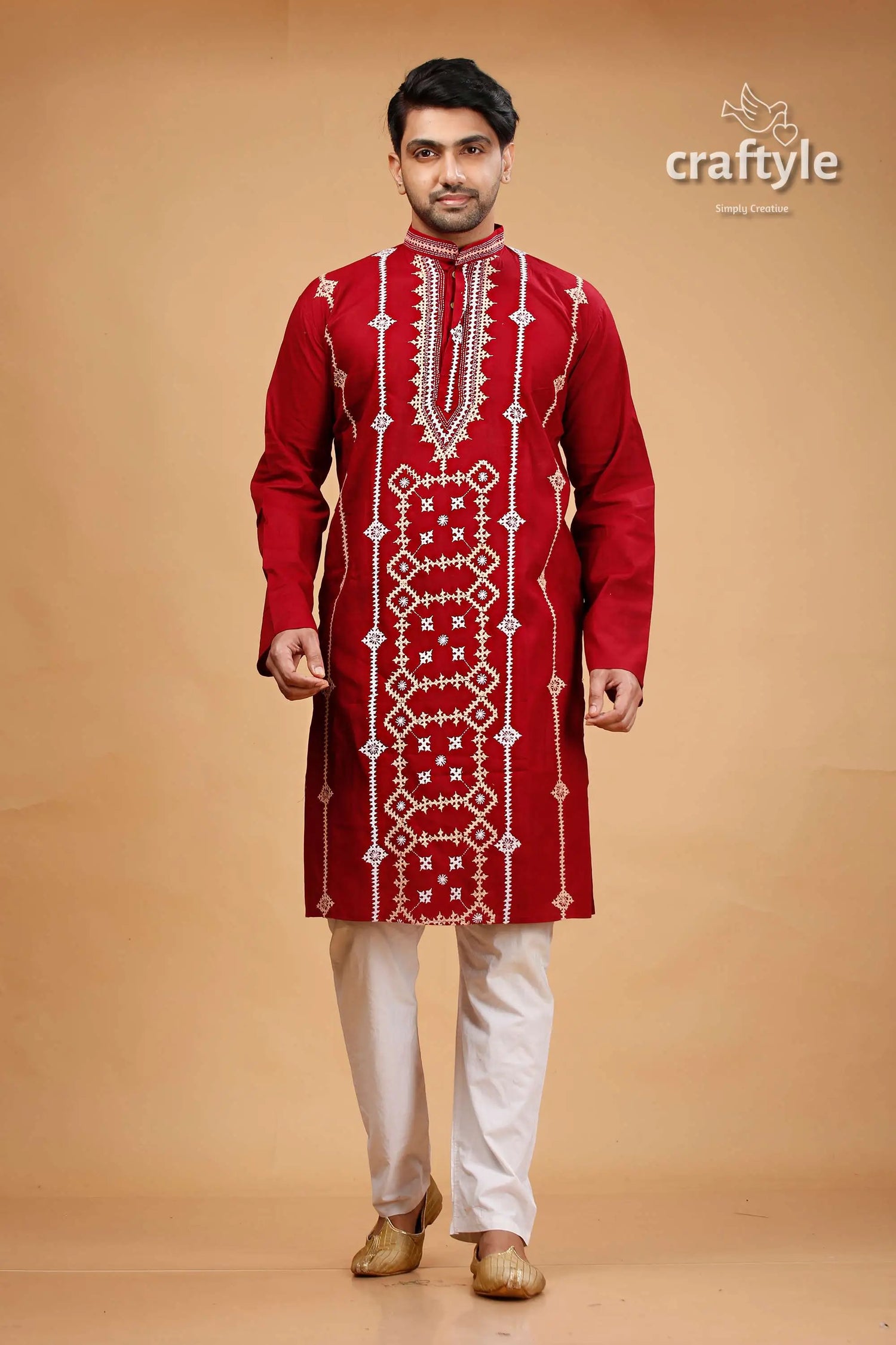 Kutch work burgundy red designer cotton panjabi for men maroon embroidered kurta pajama set 1