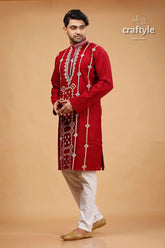 Kutch work burgundy red designer cotton panjabi for men maroon embroidered kurta pajama set 3