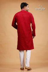 Kutch work burgundy red designer cotton panjabi for men maroon kurta pajama set 5