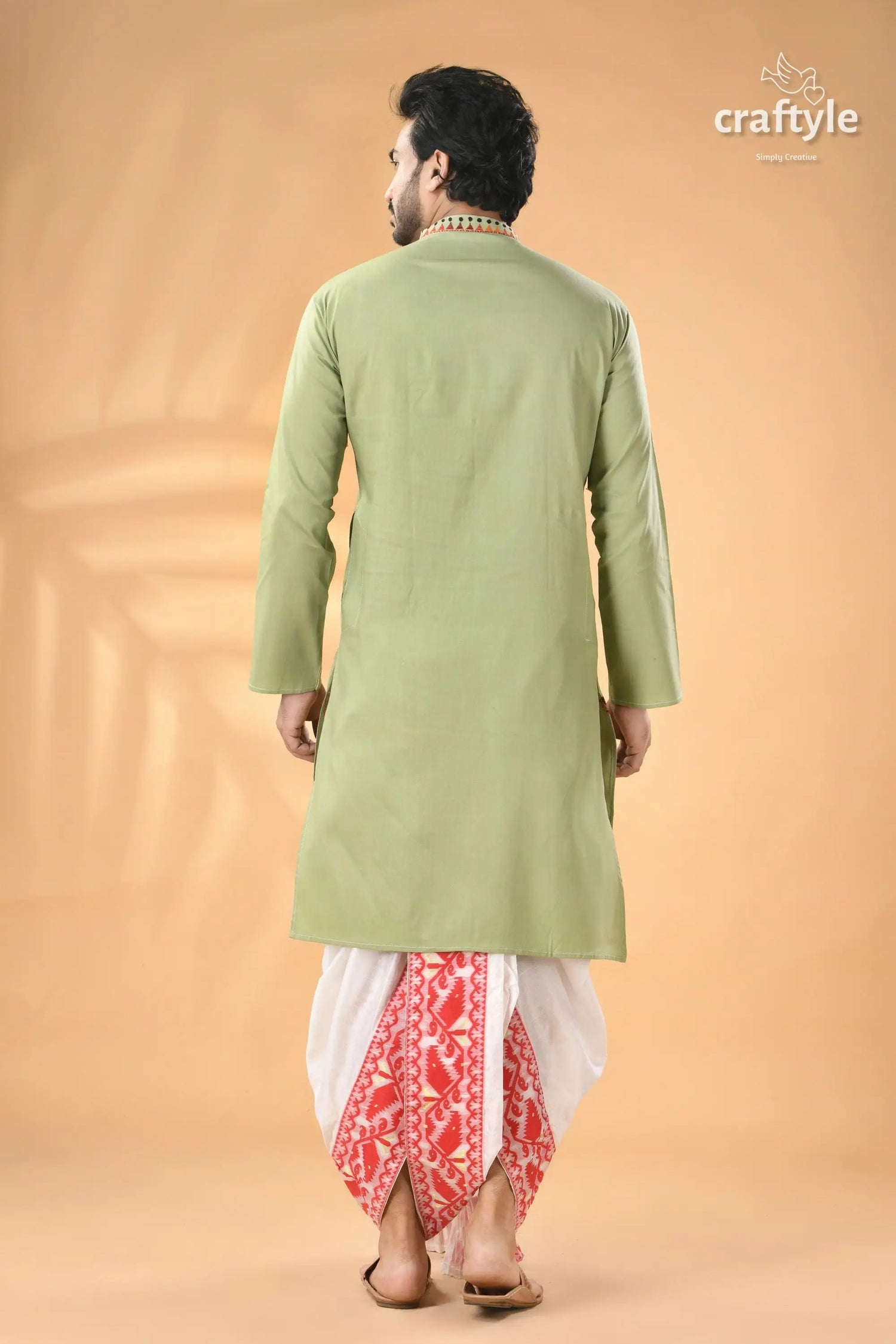 Laurel green kantha embroidery work cotton kurta for men man’s light green kurta white 6