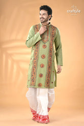 Laurel green kantha embroidery work cotton kurta for men men’s light green kurta intricate 5