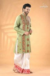 Laurel green kantha embroidery work cotton kurta for men men’s embroidered light green kurta 3