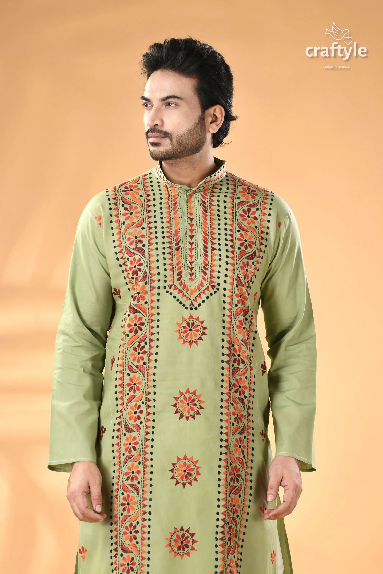 Laurel green kantha embroidery work cotton kurta for men men’s light green kurta intricate 2