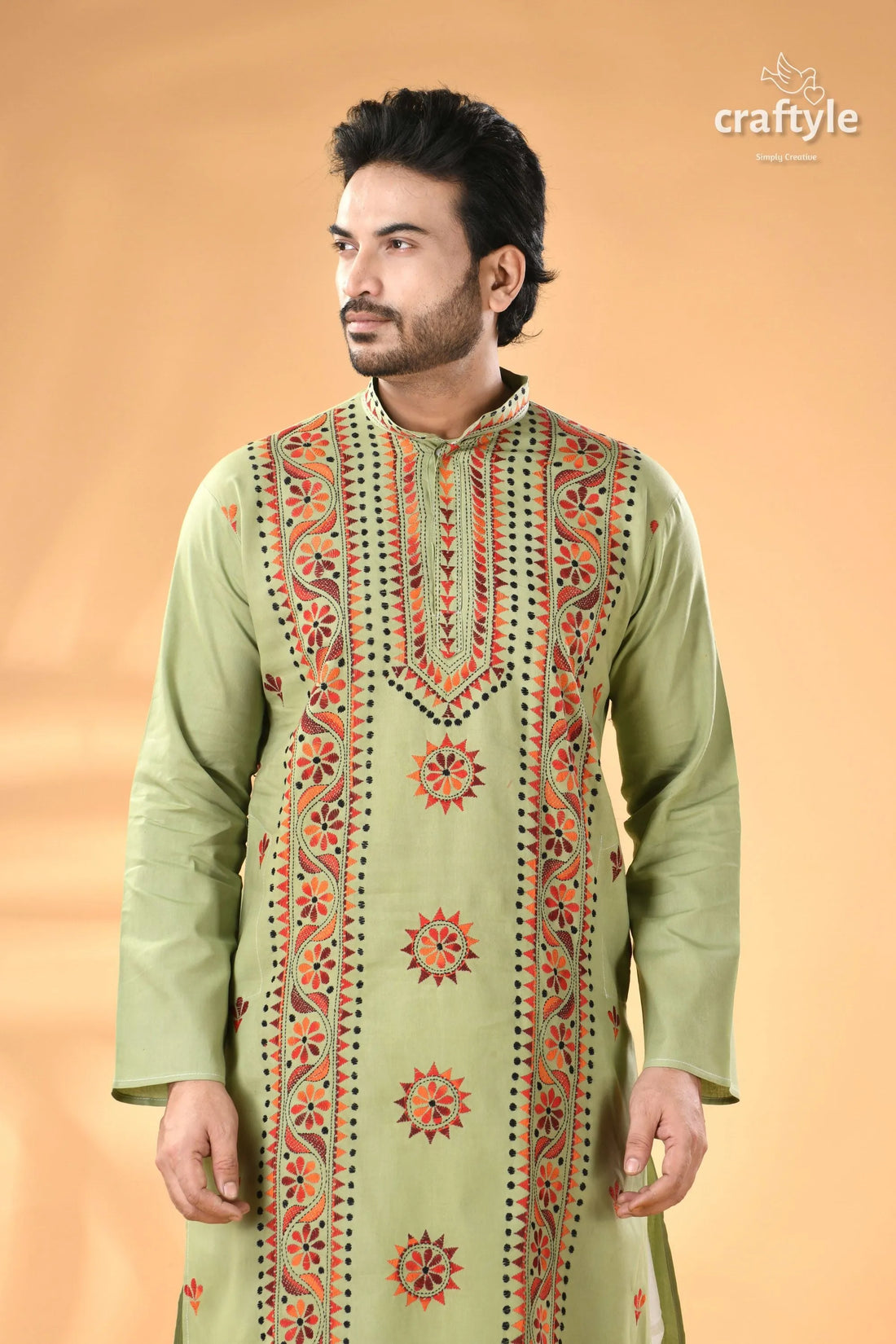 Laurel green kantha embroidery work cotton kurta for men men’s light green kurta intricate 2