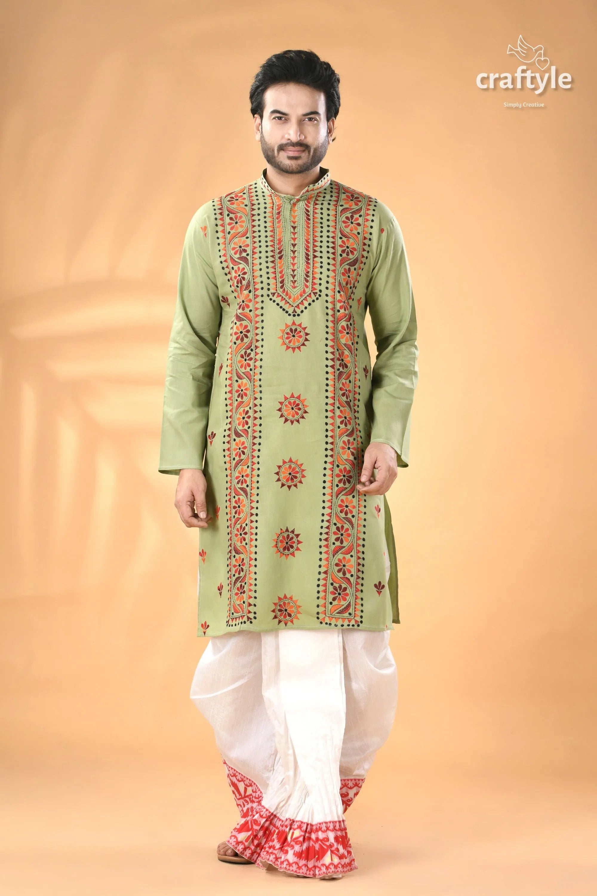 Laurel green kantha embroidery work cotton kurta for men men’s green embroidered kurta white 1