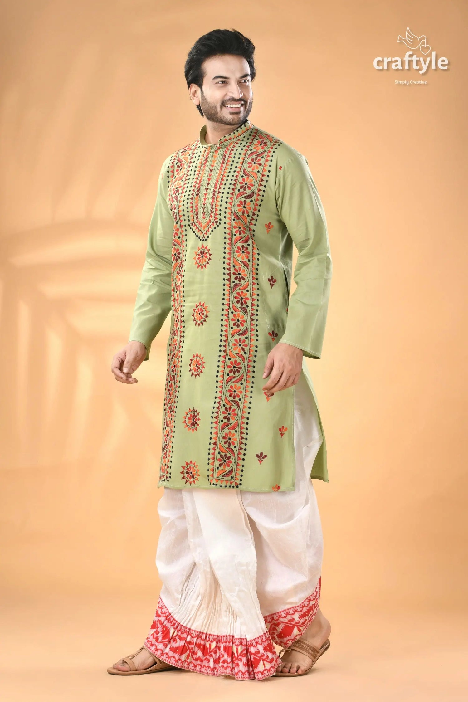 Laurel green kantha embroidery work cotton kurta for men men’s light green embroidered kurta 4