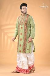 Laurel green kantha embroidery work cotton kurta for men men’s light green embroidered kurta 4