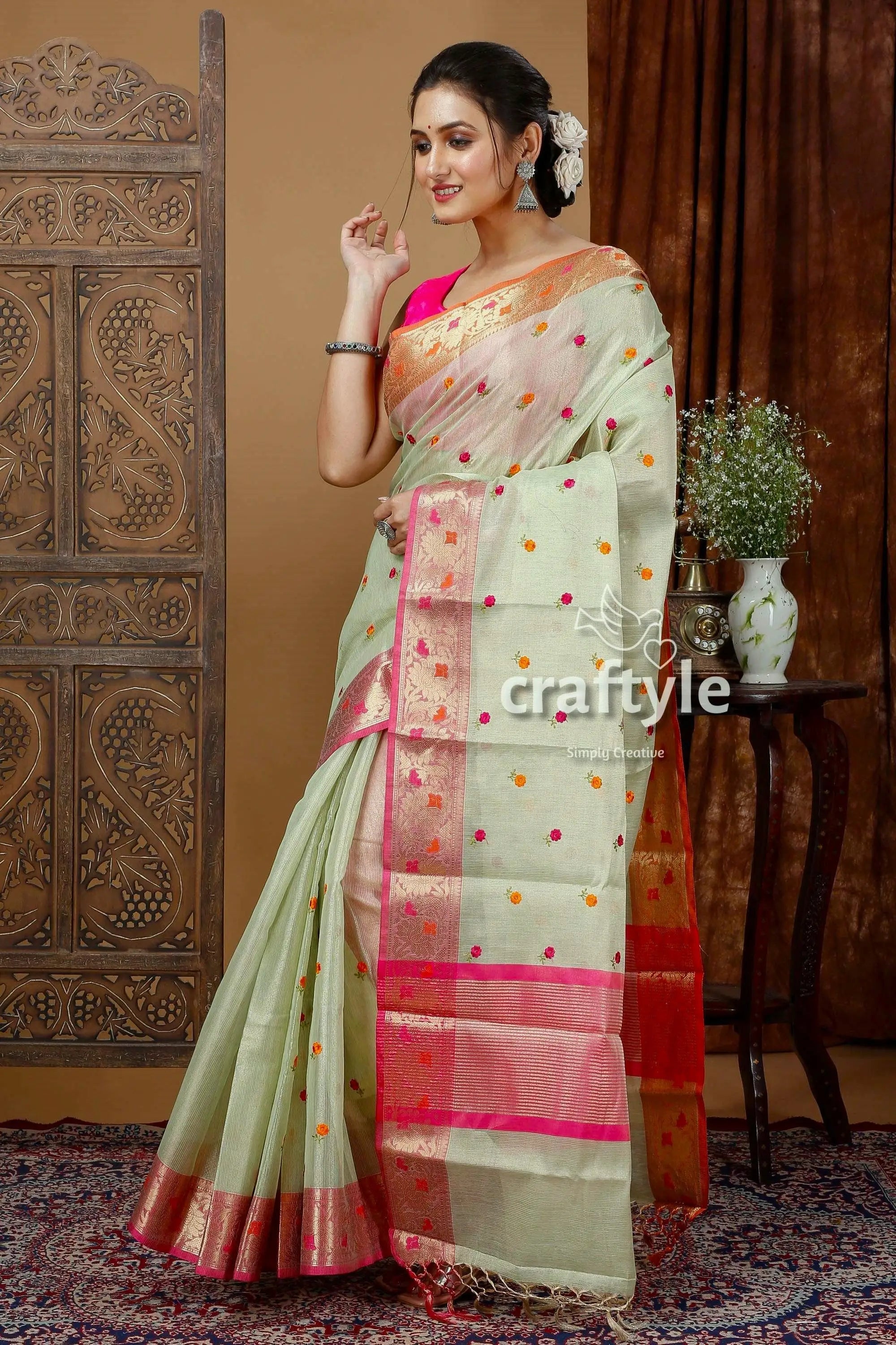 Laurel green tissue organza soft silk saree - ethnic wear elegant light green saree pink 3