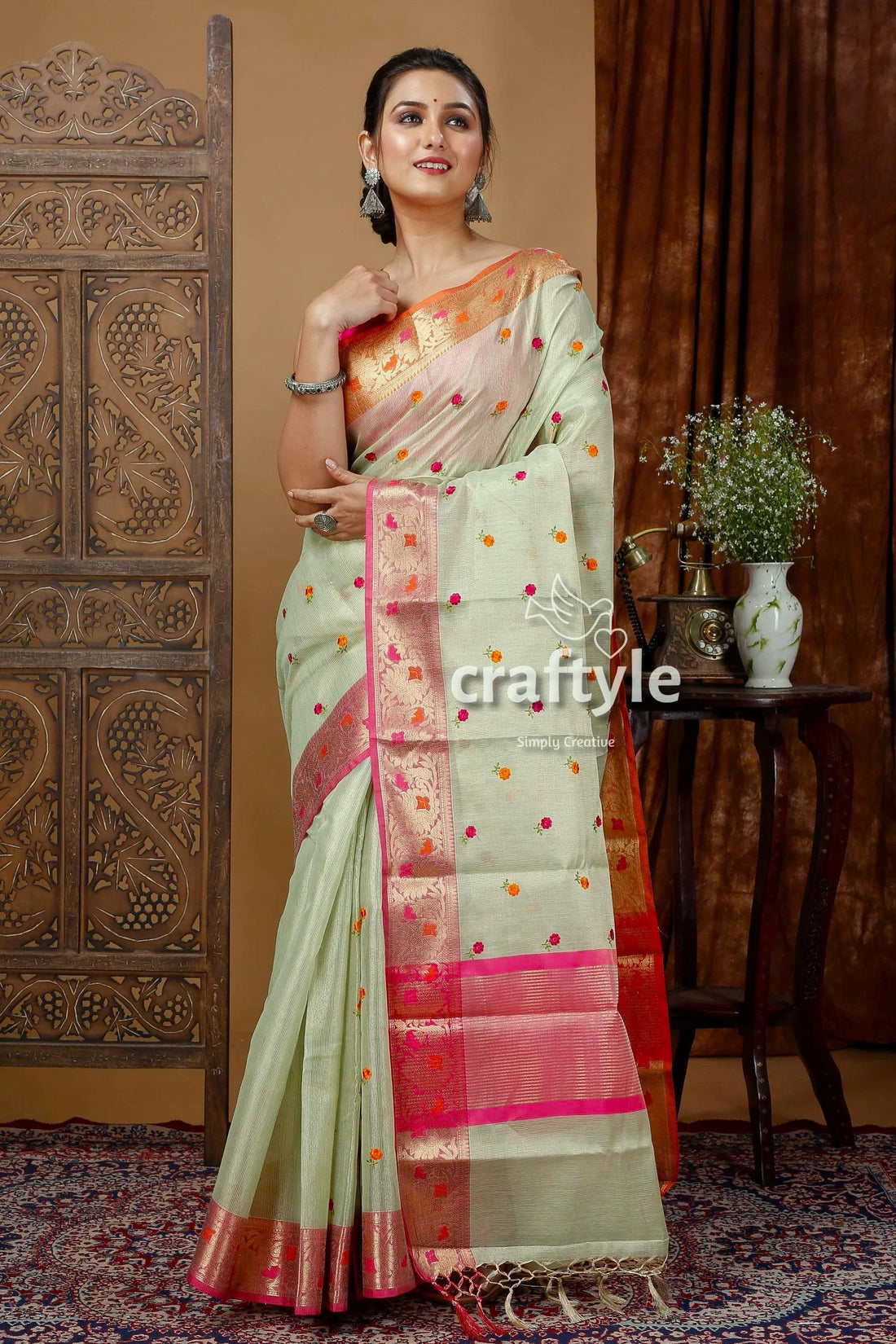 Laurel green tissue organza soft silk saree - ethnic wear woman light pink 1