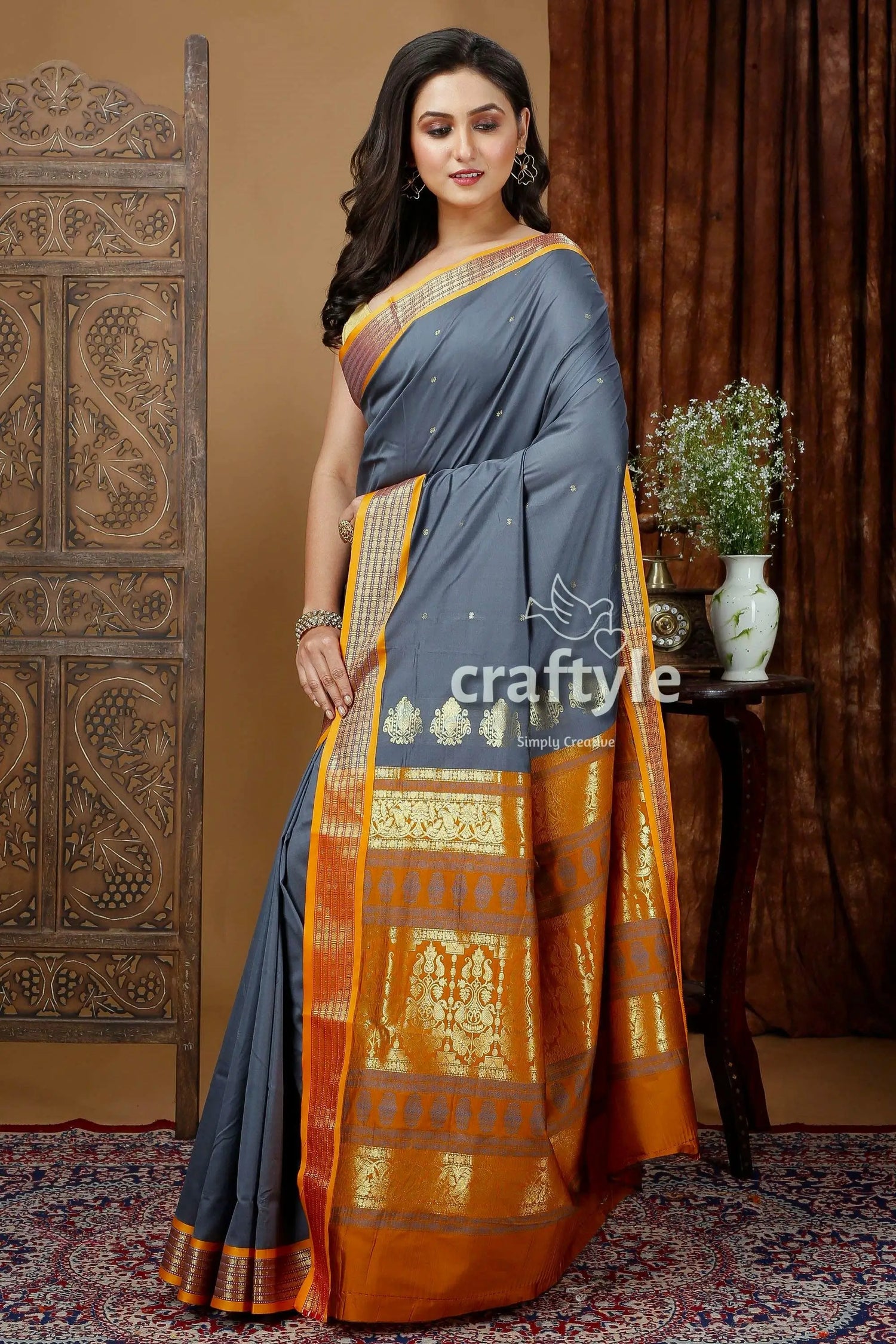 Lava grey soft silk saree with zari border - bomkai design gray orange silk saree 3