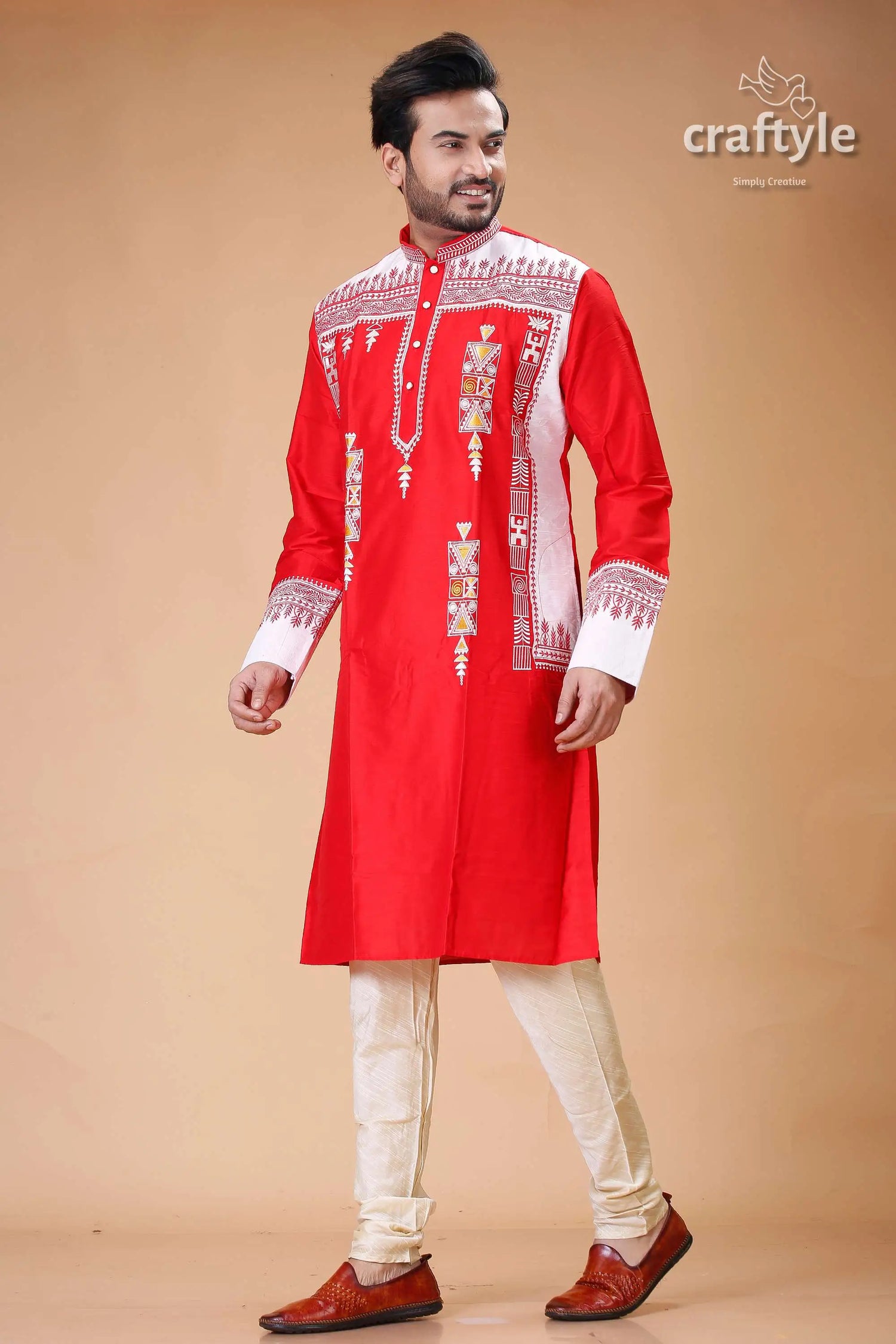 Lava red white embroidered silk kurta for men stylish traditional wear red white embroidered kurta 4