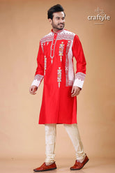Lava red white embroidered silk kurta for men stylish traditional wear red white embroidered kurta 4