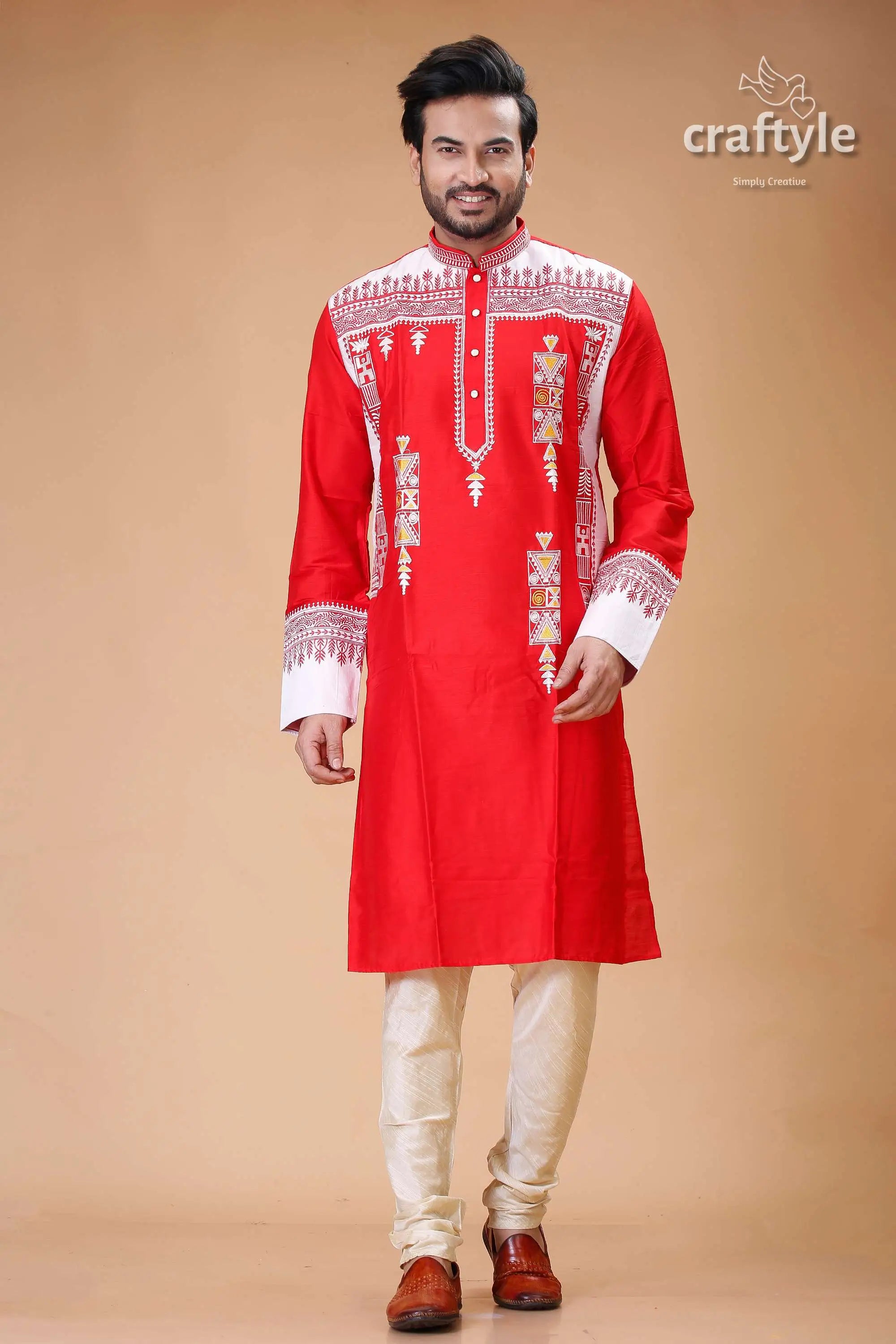 Lava Red-White Embroidered Silk Kurta for Men Stylish