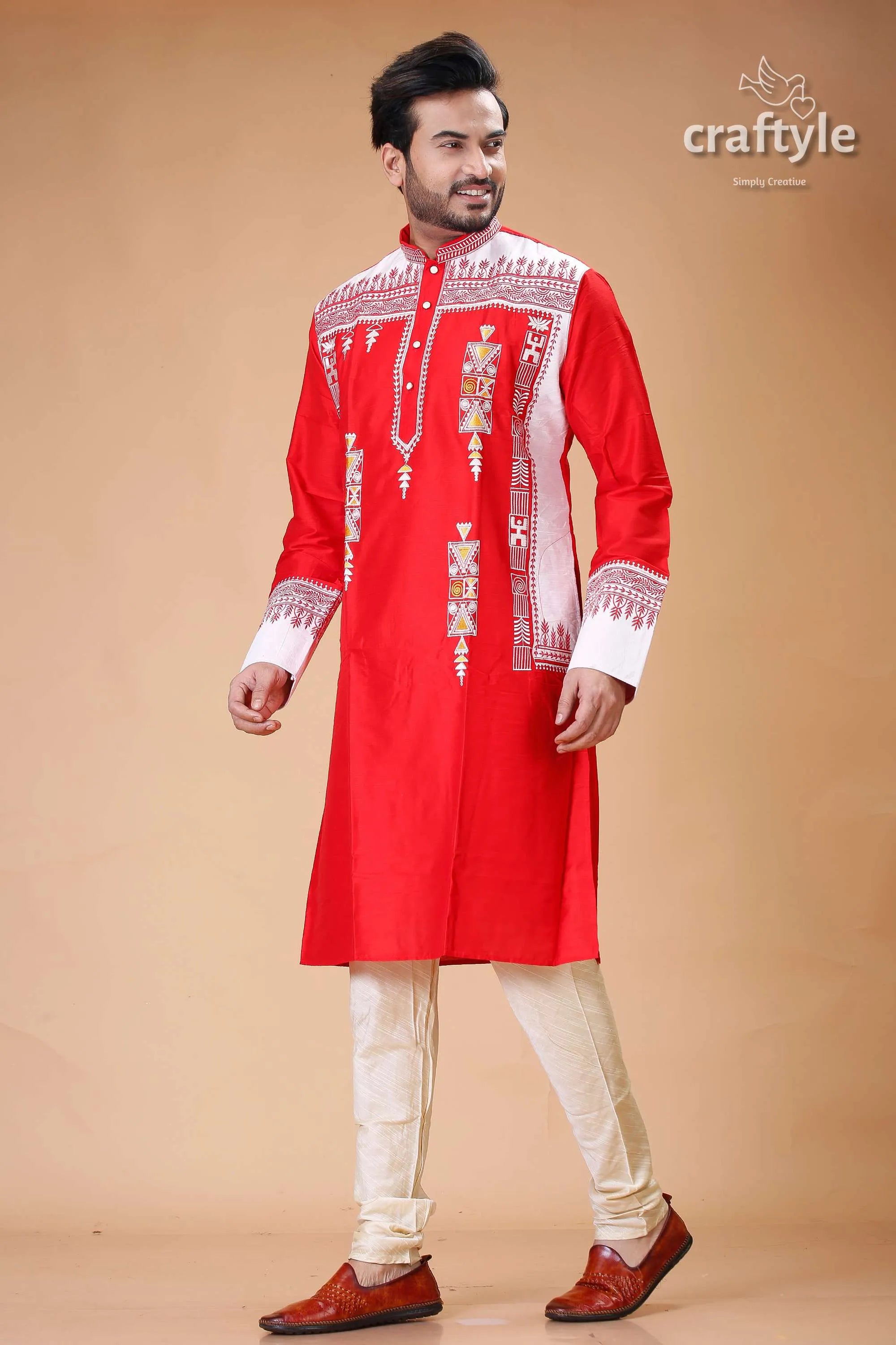 Lava red-white embroidered silk kurta for men - stylish traditional wear red white embroidered kurta 4