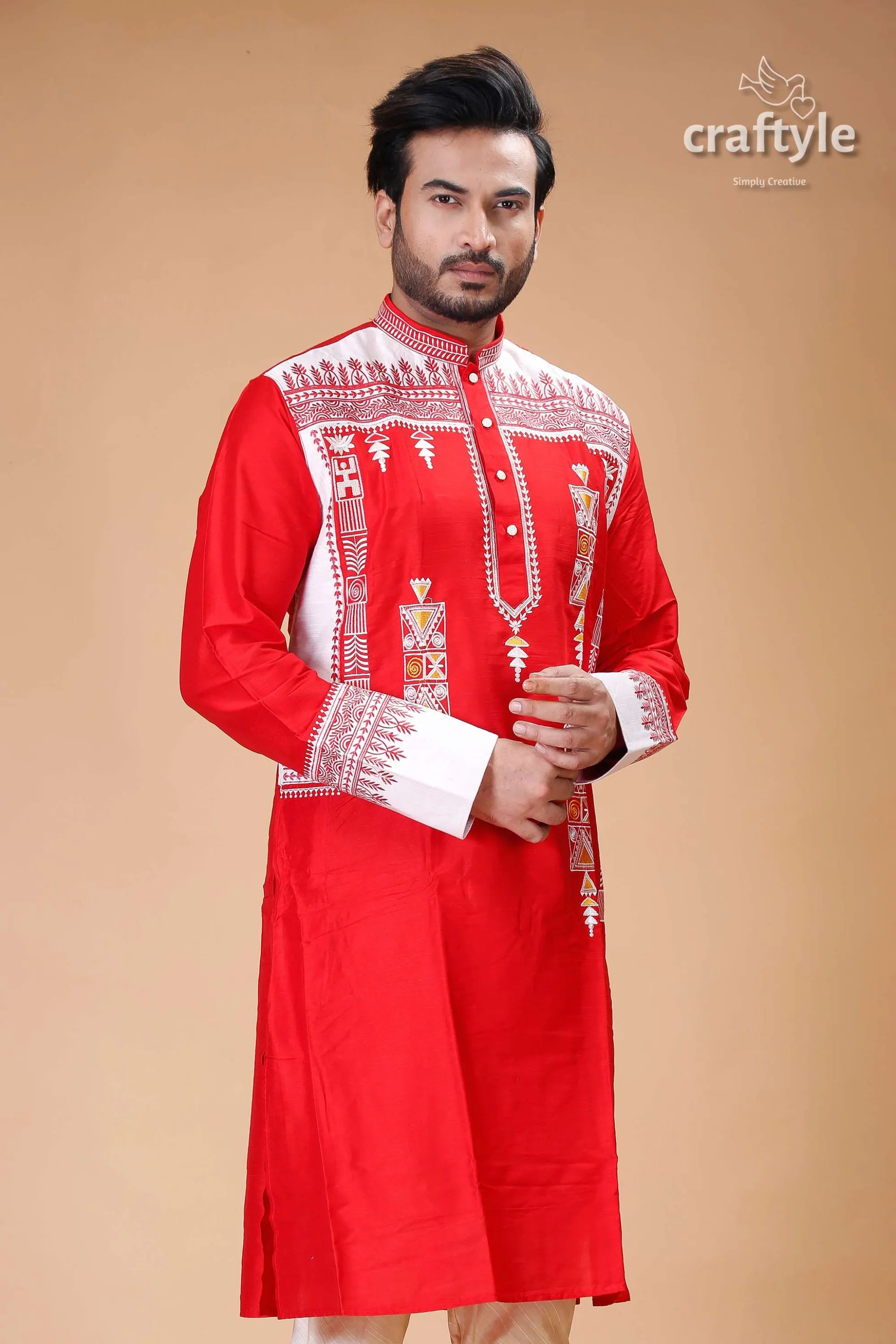 Lava red-white embroidered silk kurta for men - stylish traditional wear red embroidered kurta 2