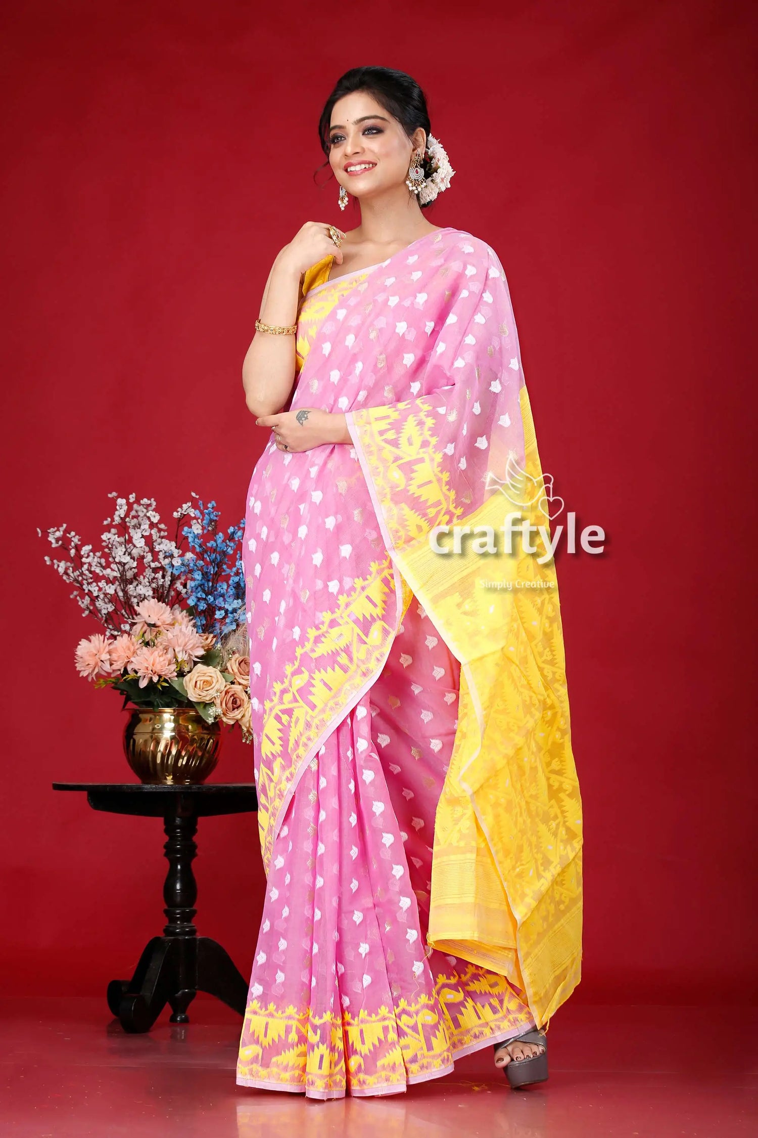 Lavender and yellow intricate jamdani saree pink yellow saree 4
