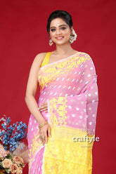 Lavender and yellow intricate jamdani saree pink yellow saree 2