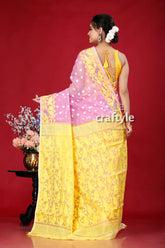 Lavender and yellow intricate jamdani saree woman pink yellow saree 5