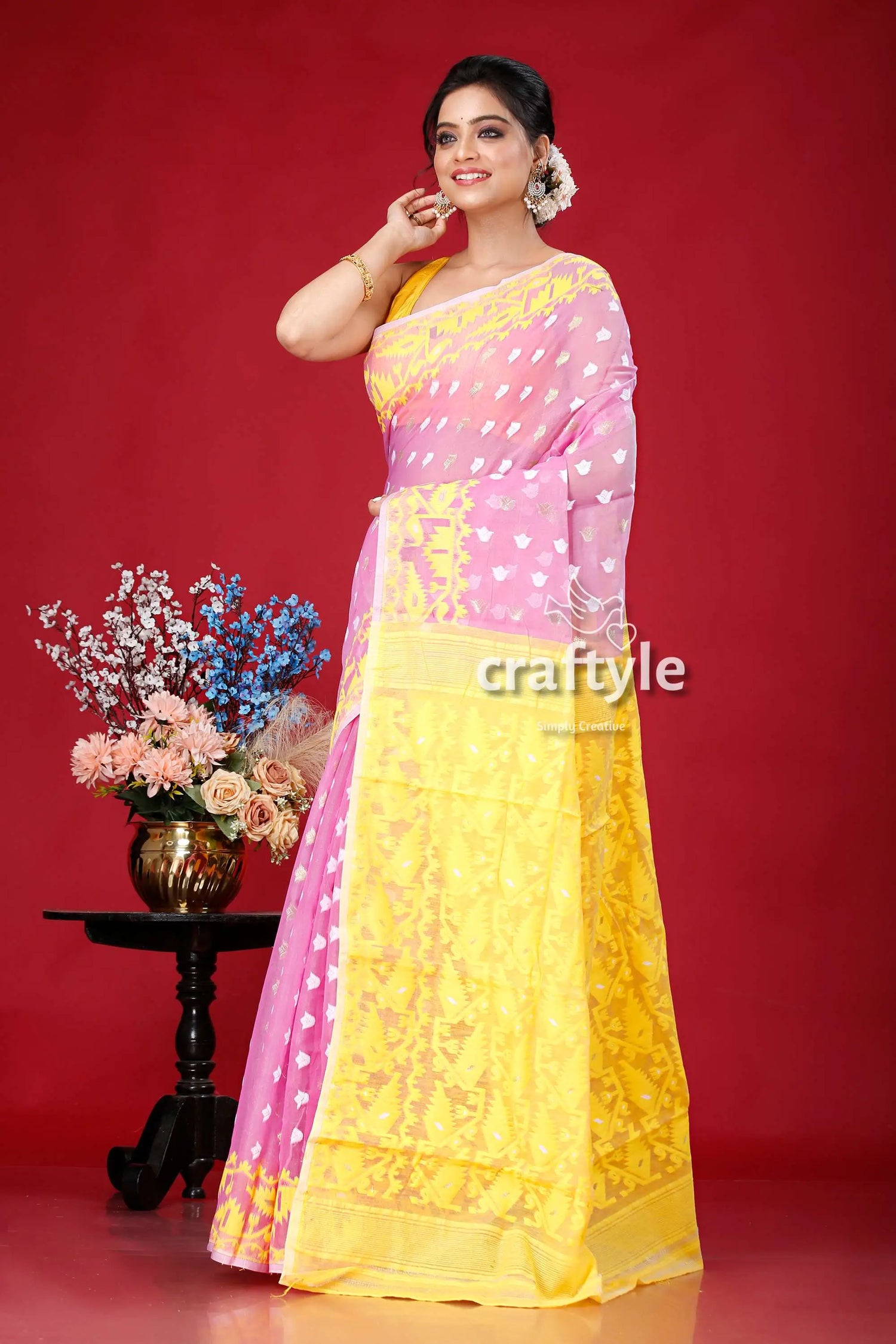 Lavender and yellow intricate jamdani saree pink yellow patterned saree 3