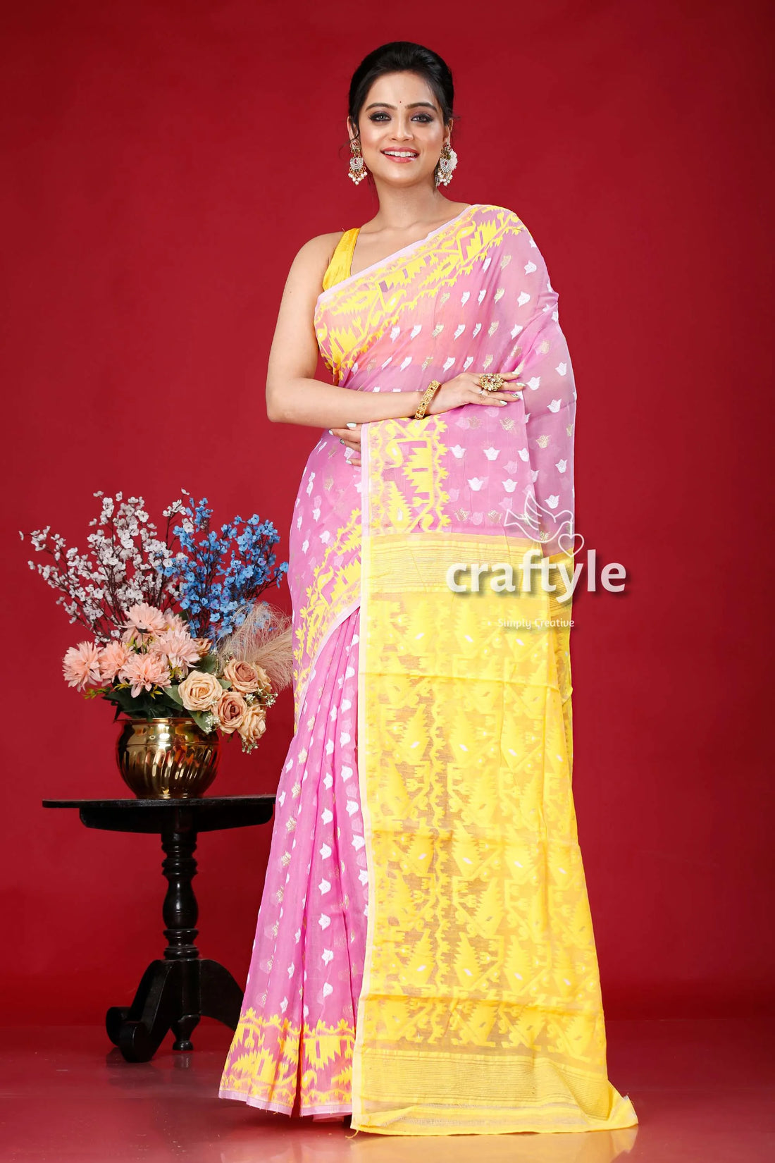 Lavender and yellow intricate jamdani saree pink 1