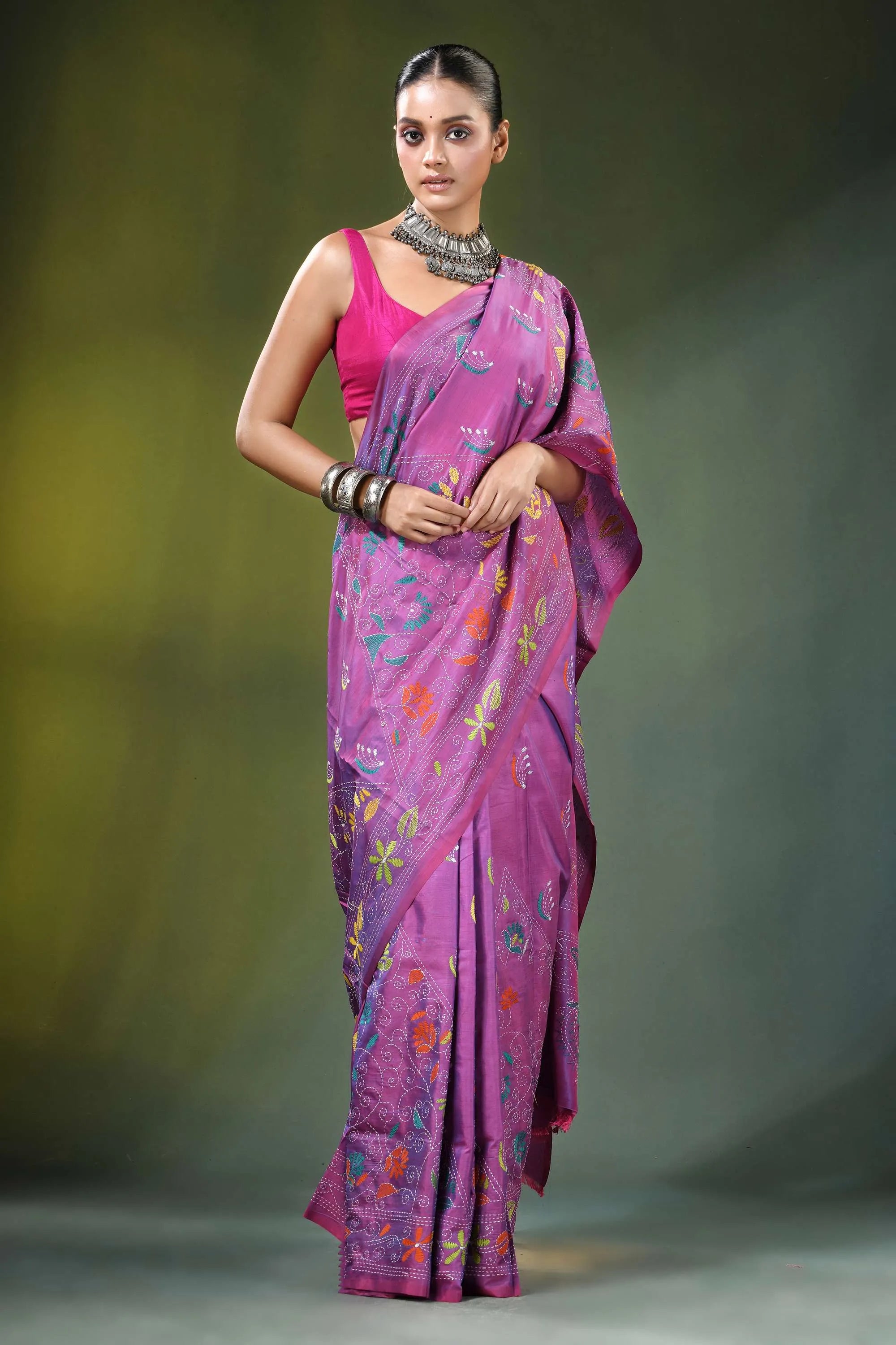Lavender hand embroidery nature design kantha silk saree vibrant purple intricate floral 5