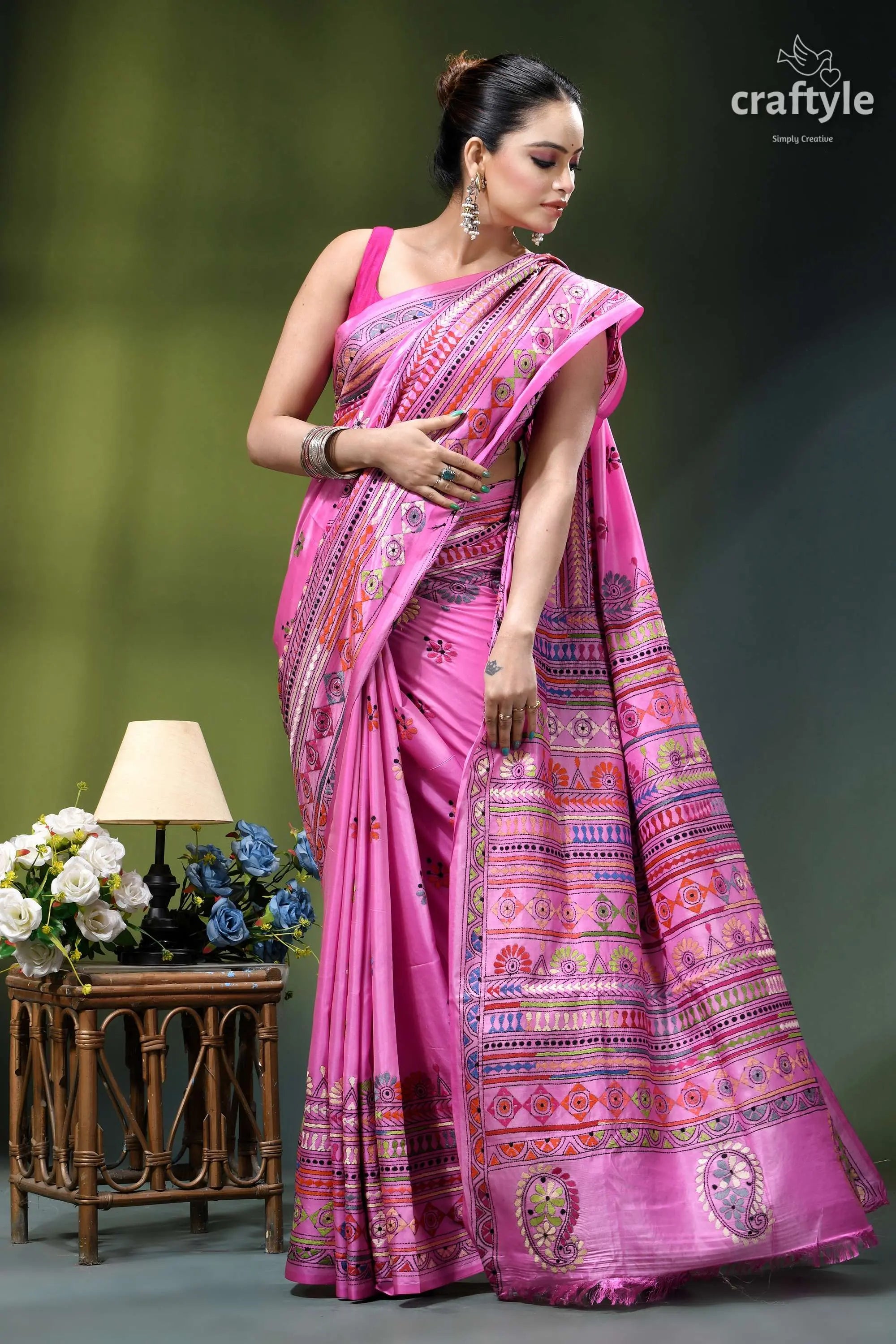 Lavender magenta multi-thread designer silk kantha stitch saree vibrant pink saree intricate multicolored 4