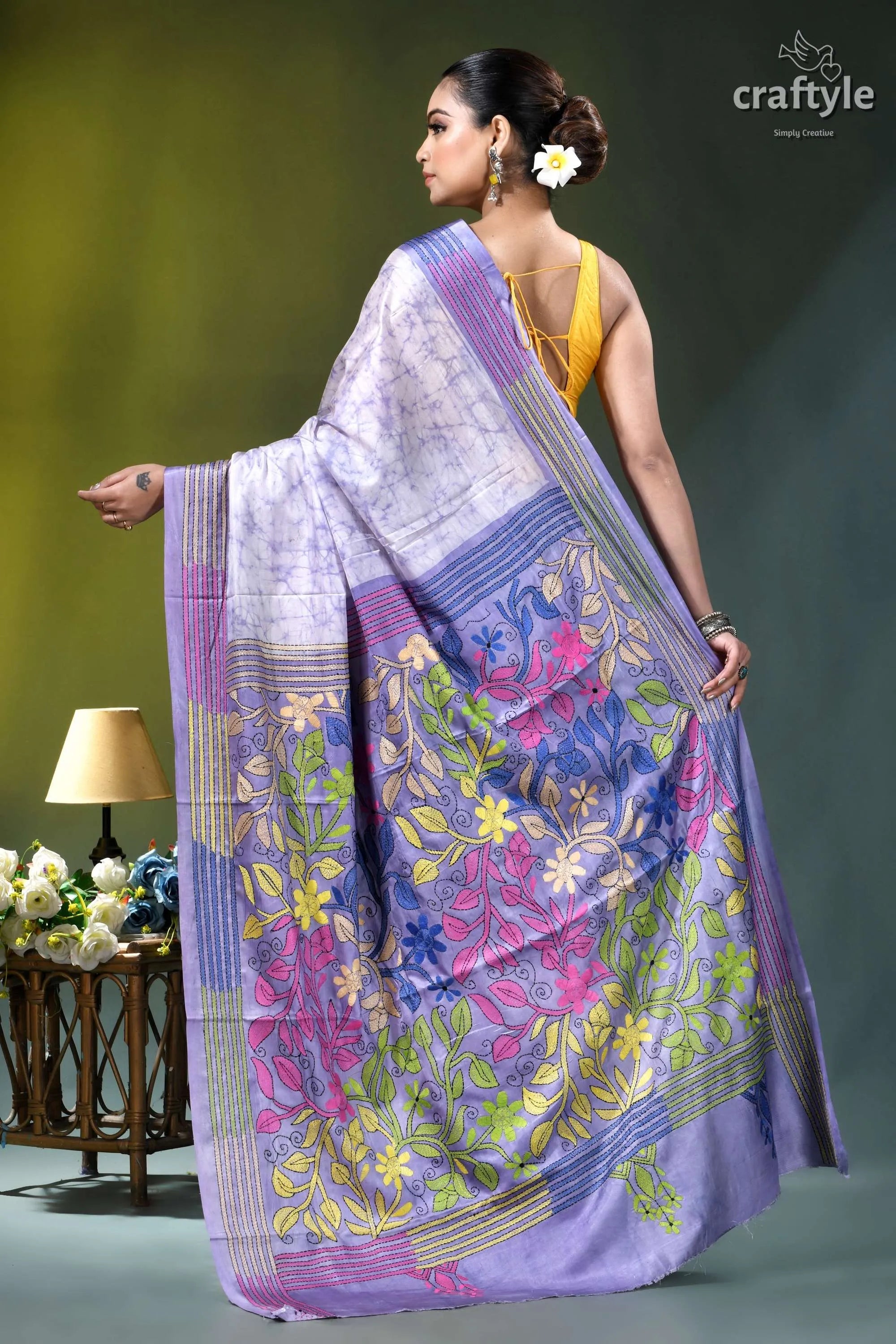 Lavender mist multithread floral hand batik silk kantha saree lavender purple silk saree intricate 5