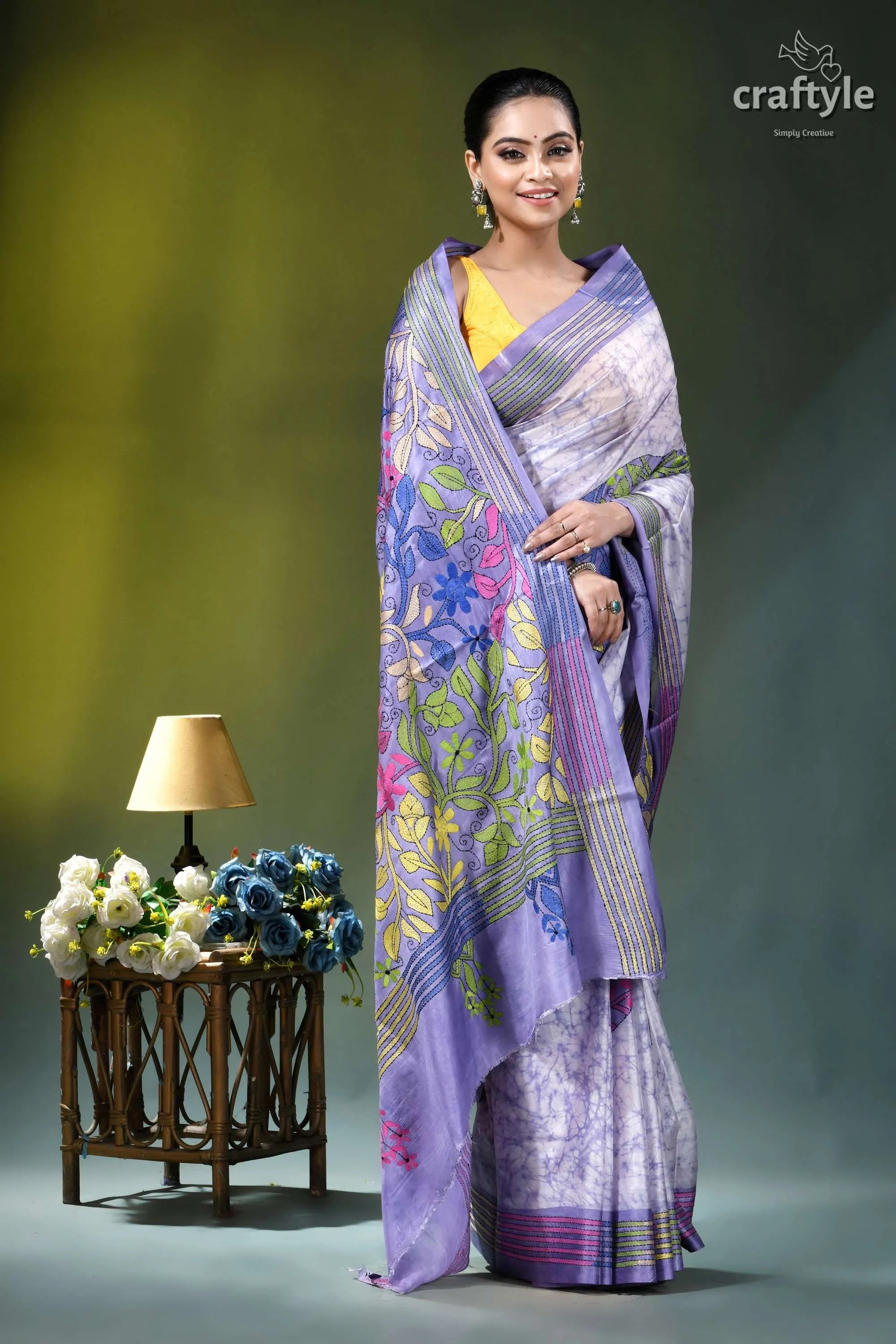 Lavender mist multithread floral hand batik silk kantha saree woman wears lavender purple printed 3